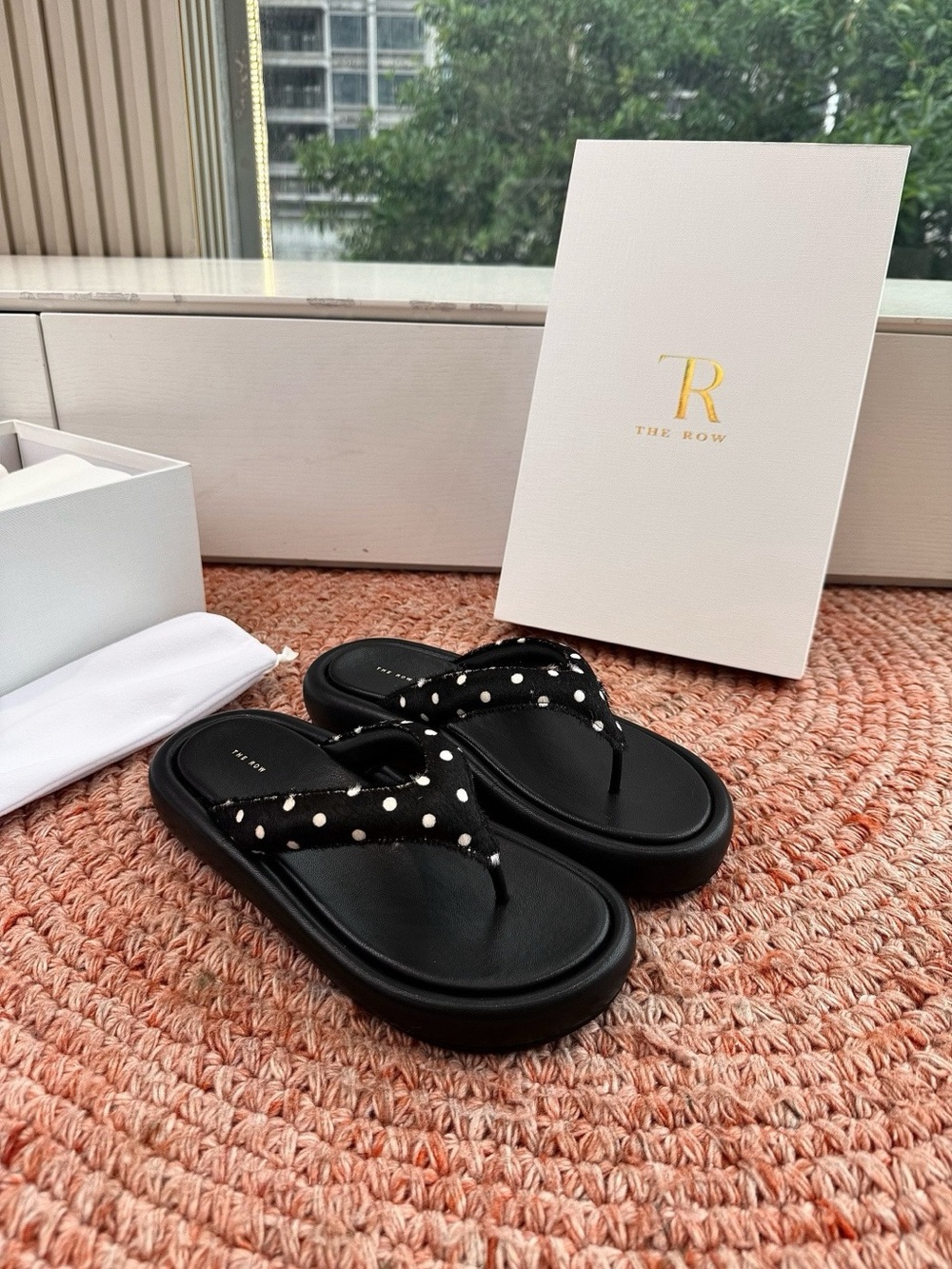 The Row Black Polka Dot Leather Thong Sandals